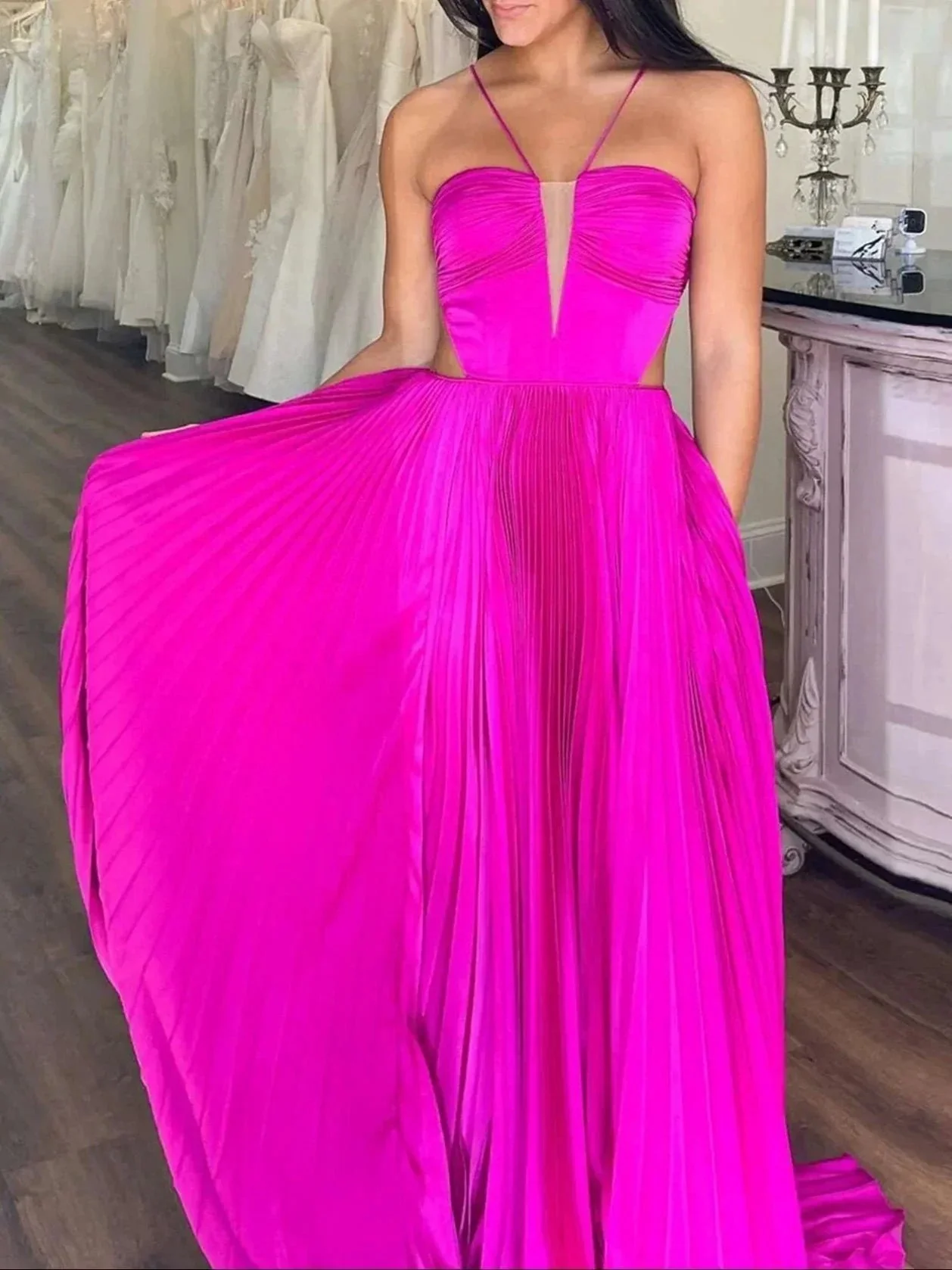 Kimia |  A-Line Straps Royal Blue Pleated Chiffon Long Formal Dress with Bow Back - Image 4