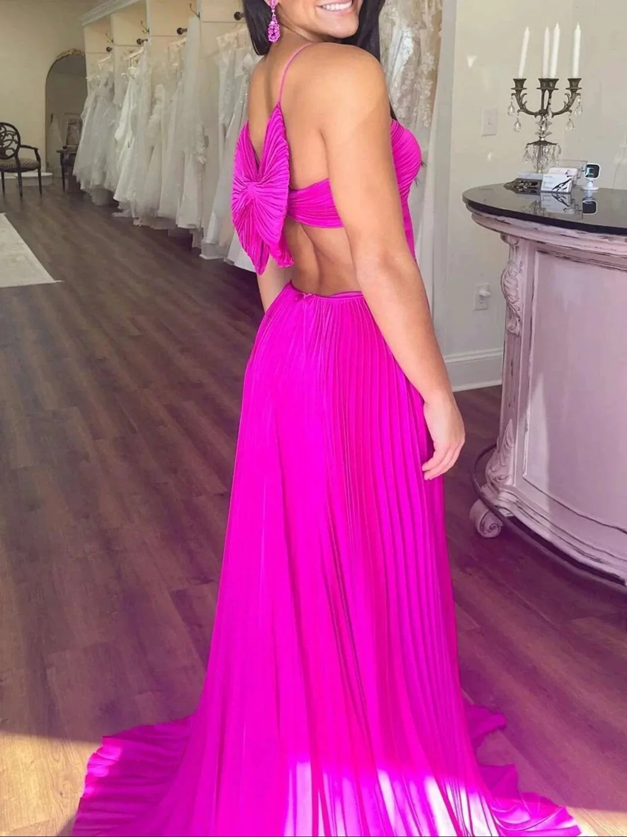 Kimia |  A-Line Straps Royal Blue Pleated Chiffon Long Formal Dress with Bow Back - Image 5