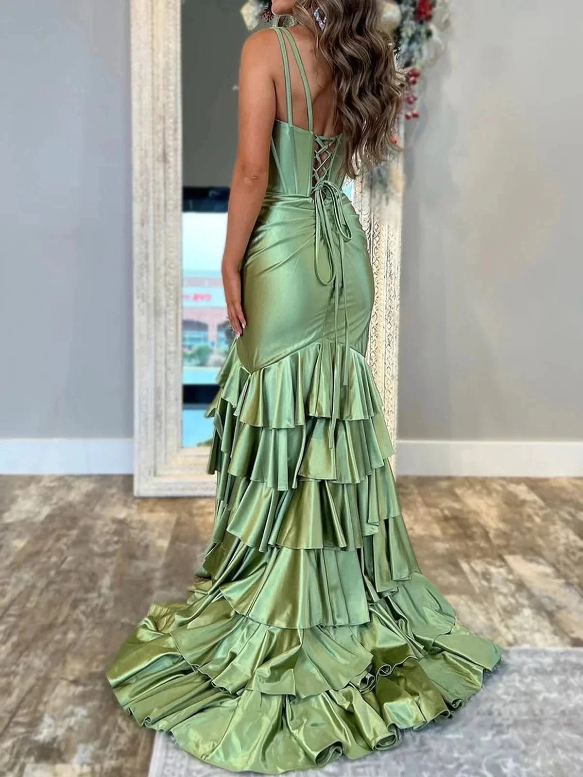 Kiran | Mermaid Sage V Neck Satin Long Prom Dress With Ruffle Skirt - Image 2