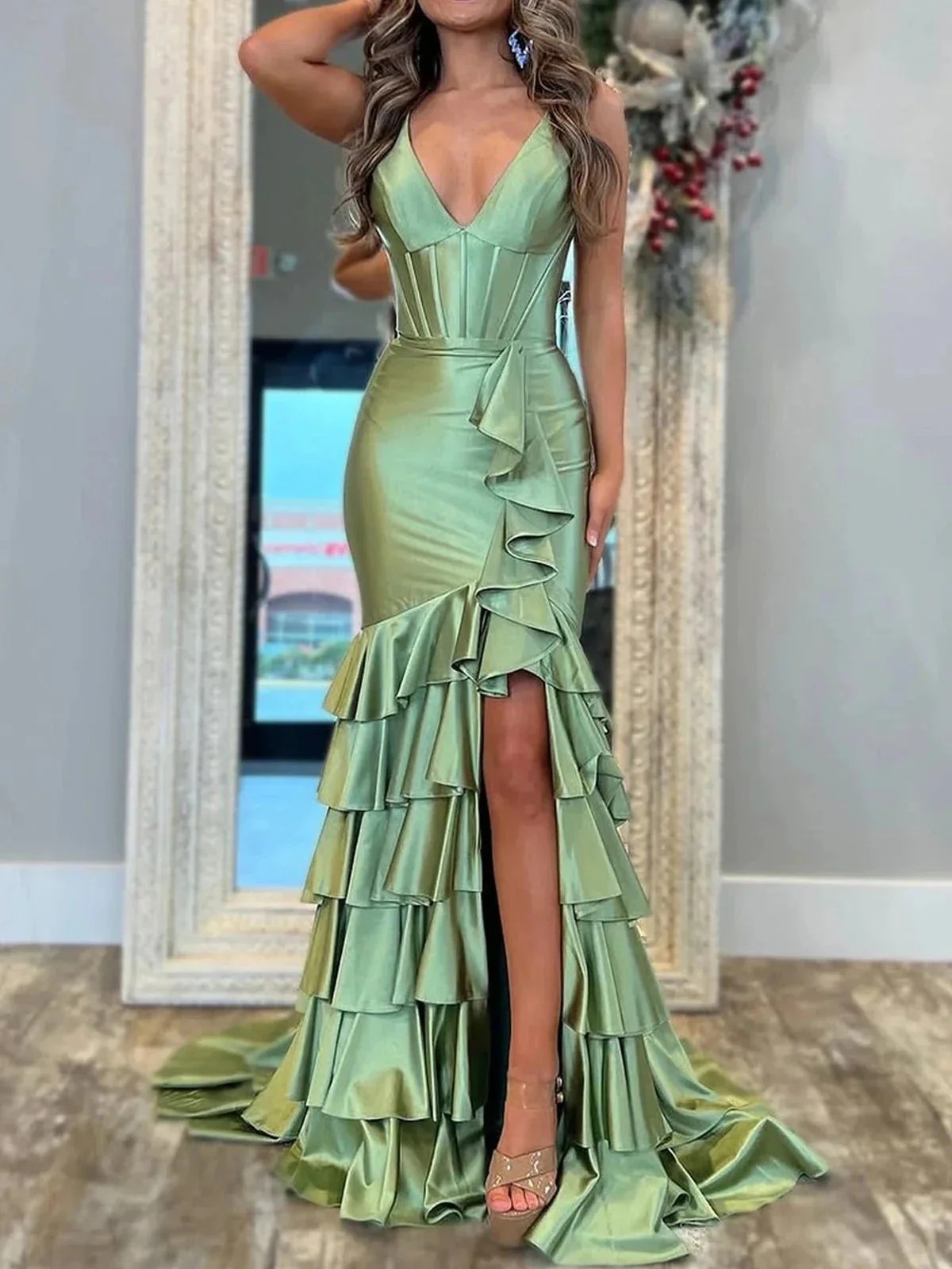Kiran | Mermaid Sage V Neck Satin Long Prom Dress With Ruffle Skirt - Image 3