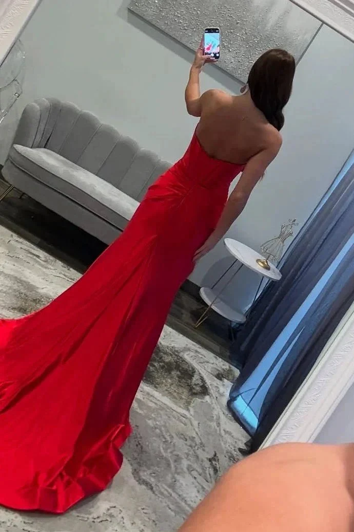 Konrad | Mermaid V-Neck Bow Satin Pleated Slit Long Prom Dresses - Image 2