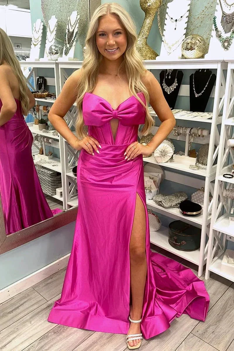 Konrad | Mermaid V-Neck Bow Satin Pleated Slit Long Prom Dresses - Image 5