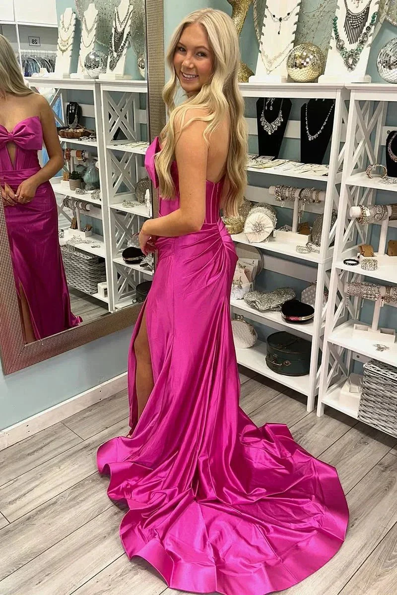 Konrad | Mermaid V-Neck Bow Satin Pleated Slit Long Prom Dresses - Image 6