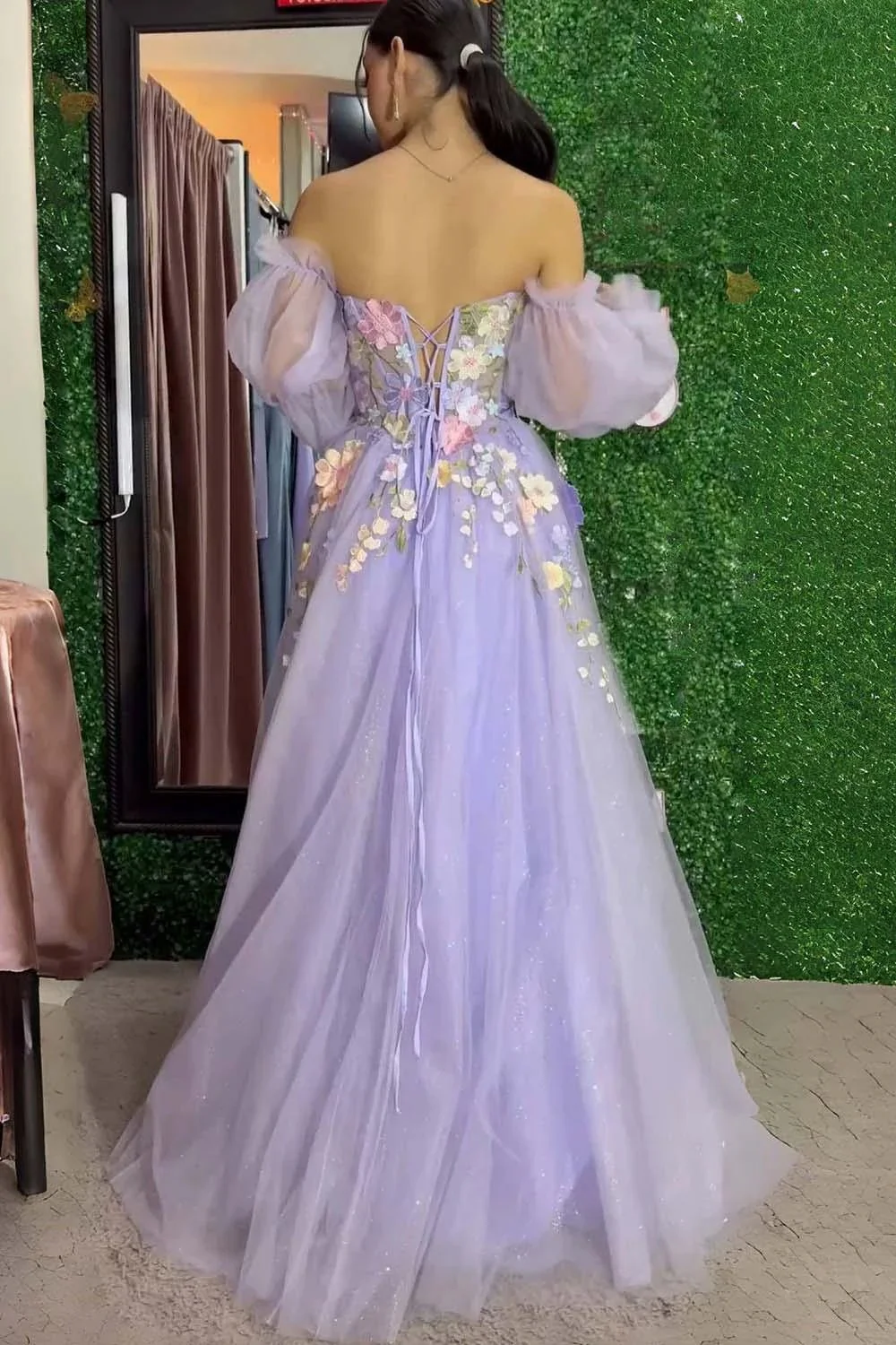 Kylena | Lavender A-Line Strapless Tulle Prom Dress with 3D Flowers - Image 2