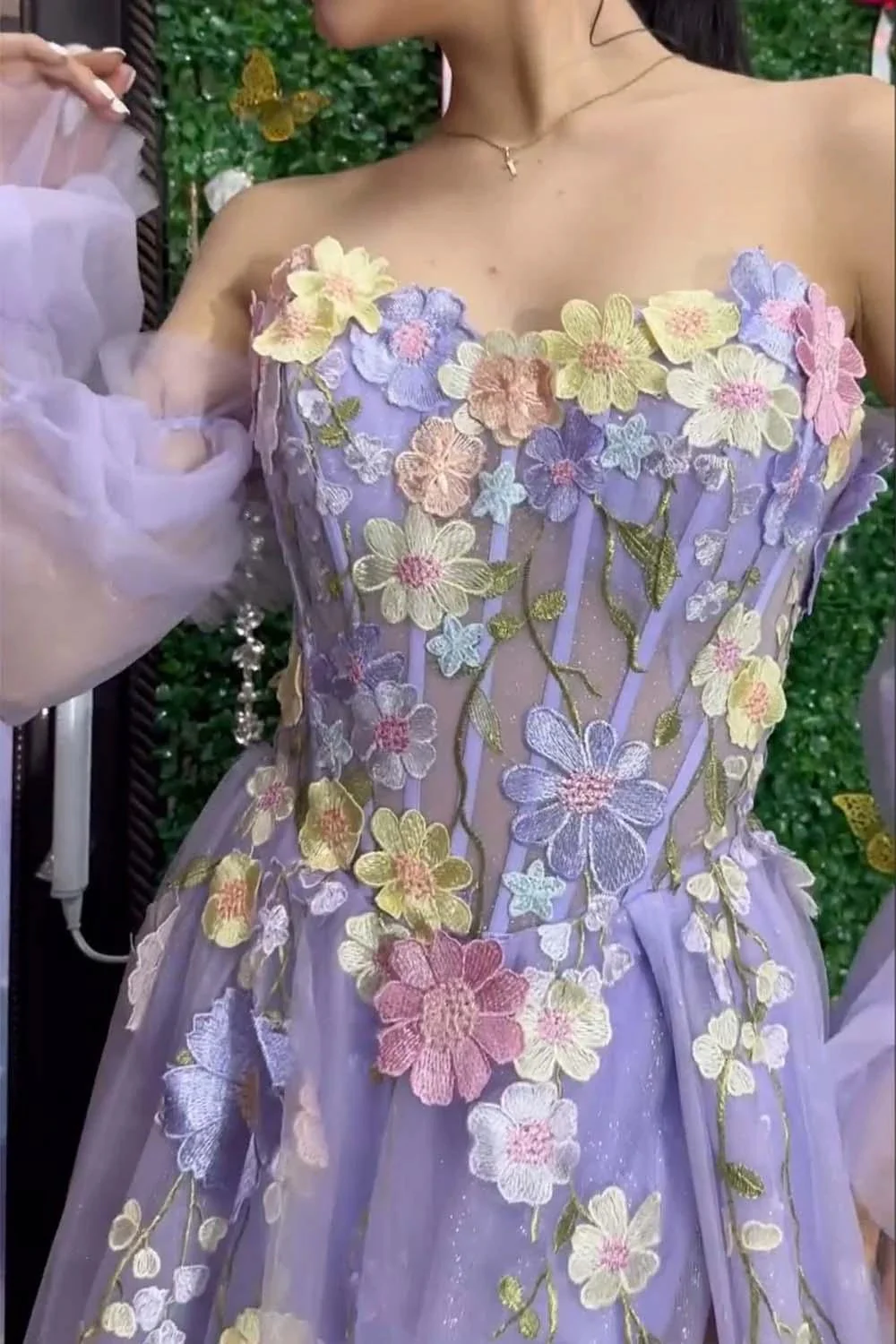 Kylena | Lavender A-Line Strapless Tulle Prom Dress with 3D Flowers - Image 3