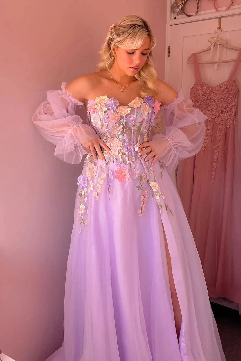 Kylena | Lavender A-Line Strapless Tulle Prom Dress with 3D Flowers - Image 4