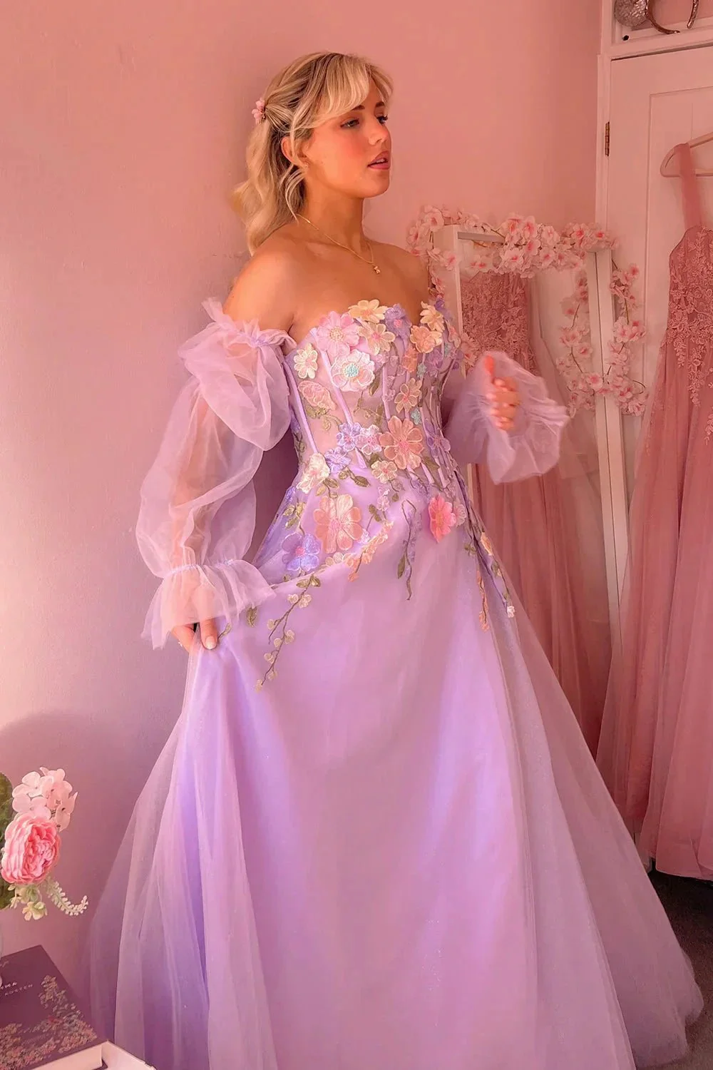 Kylena | Lavender A-Line Strapless Tulle Prom Dress with 3D Flowers - Image 6