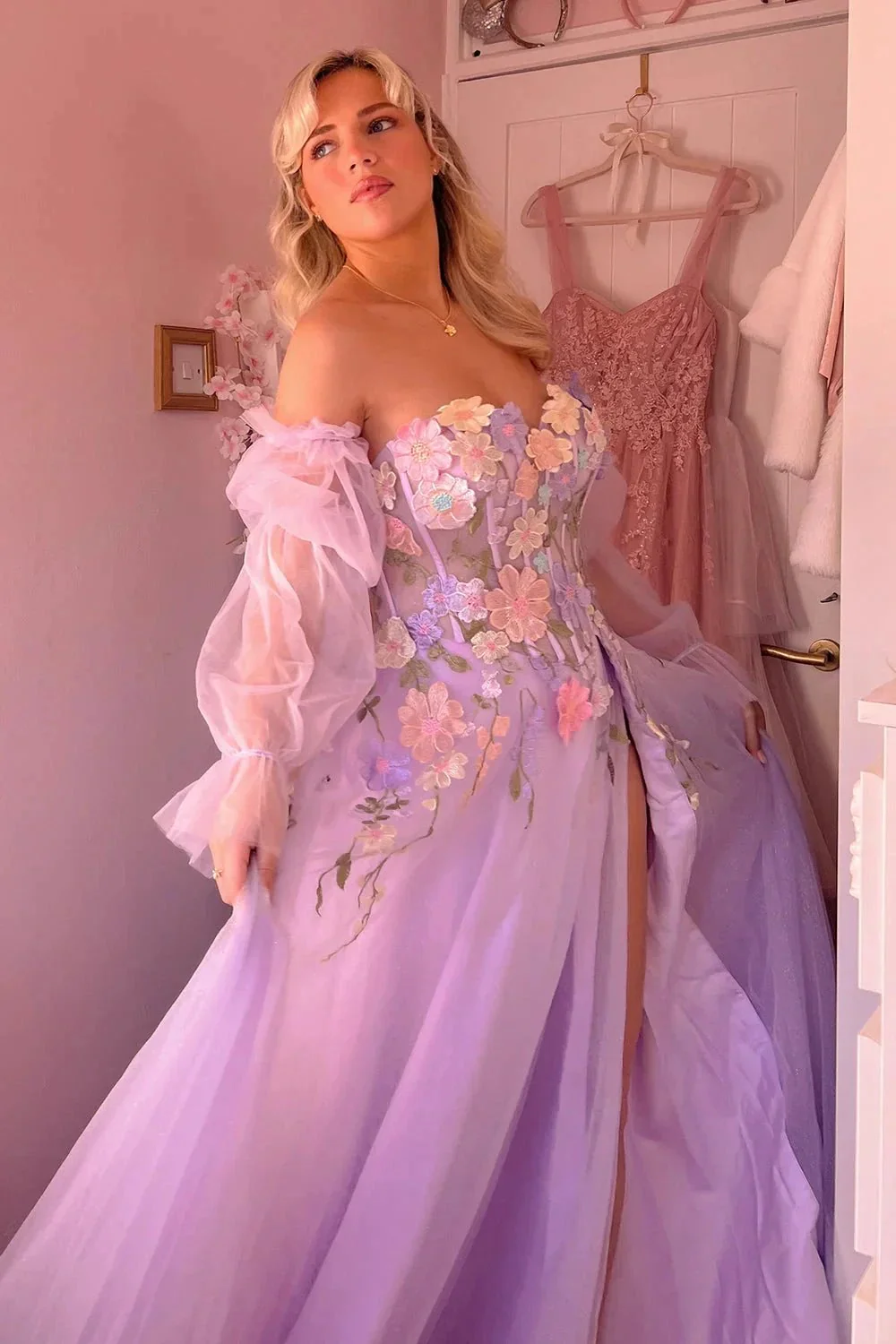 Kylena | Lavender A-Line Strapless Tulle Prom Dress with 3D Flowers - Image 7