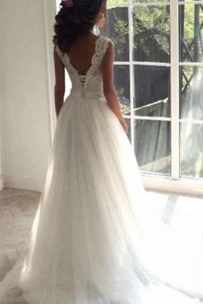 Lace A-line Simple Sleeveless Sash Open-Back Wedding Dresses - Image 2