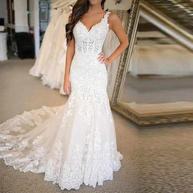 Lace Applique V-neck Suspender Fishtail Long Skirt Wedding Dress Bridal Gown Sexy Sleeveless Dress Can Be Customized Color - Image 2