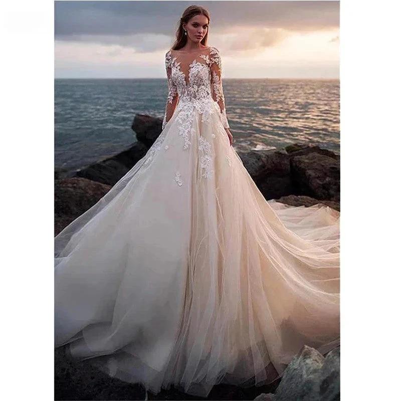 Lace Appliqued Bridal Gown For Women Illusion Long Sleeves Beach Wedding Dress Light Champagne Robe Bride Dresses - Image 2