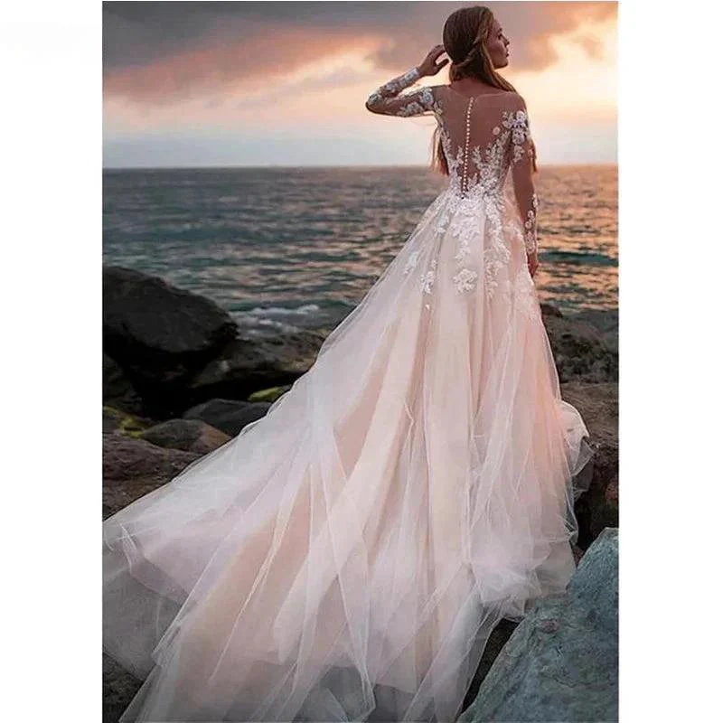 Lace Appliqued Bridal Gown For Women Illusion Long Sleeves Beach Wedding Dress Light Champagne Robe Bride Dresses - Image 3