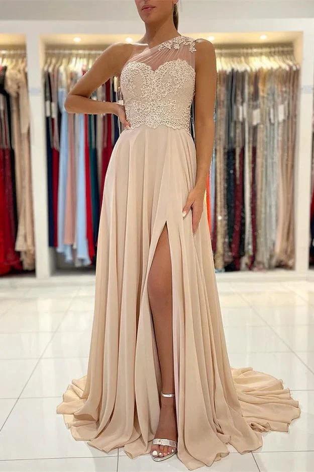 Lace Appliques A-Line Sleeveless One-Shoulder Simple Prom Dress - Image 2