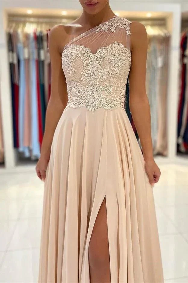 Lace Appliques A-Line Sleeveless One-Shoulder Simple Prom Dress - Image 3