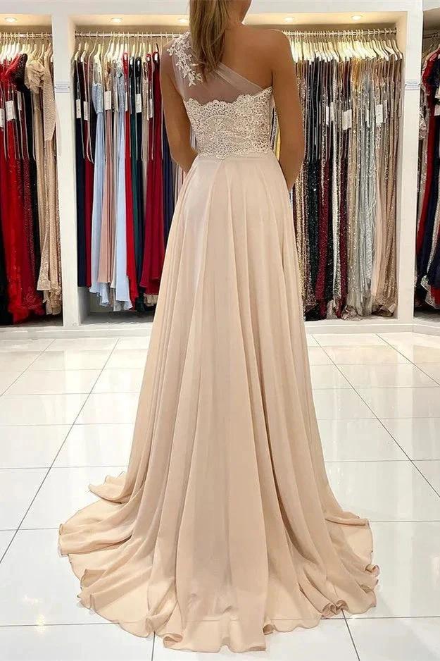 Lace Appliques A-Line Sleeveless One-Shoulder Simple Prom Dress - Image 4