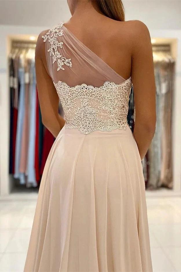 Lace Appliques A-Line Sleeveless One-Shoulder Simple Prom Dress - Image 5