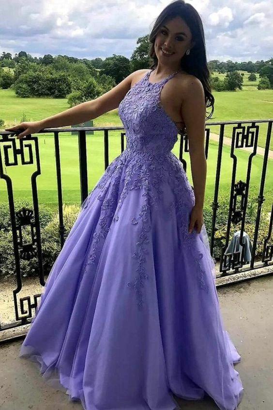 Lace Appliques Lavender Long Prom Dress Halter A Line Graduation Evening Dresses Y897 - Image 2