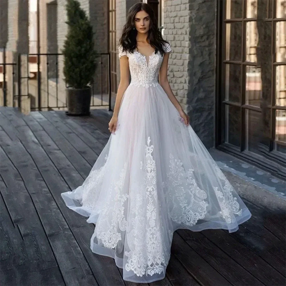 Lace Appliques Princess Bohomian Beach Wedding Dress Vestido De Noiva Cap Sleeve V-Neck Vestidos De Novia - Image 3