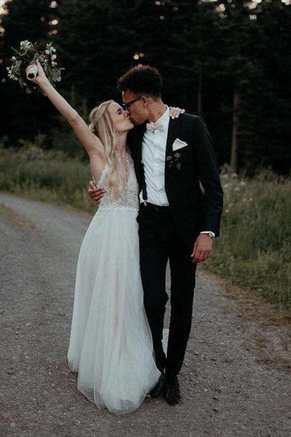 Lace Bodice Tulle Skirt Backless Bridal Gown Minimalist Wedding Dresses WD439 - Image 4
