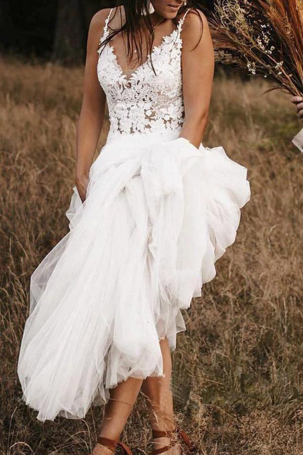 Lace Bodice V Neck Bridal Dresses Ivory Backless A Line Wedding Dresses  WD468 - Image 2