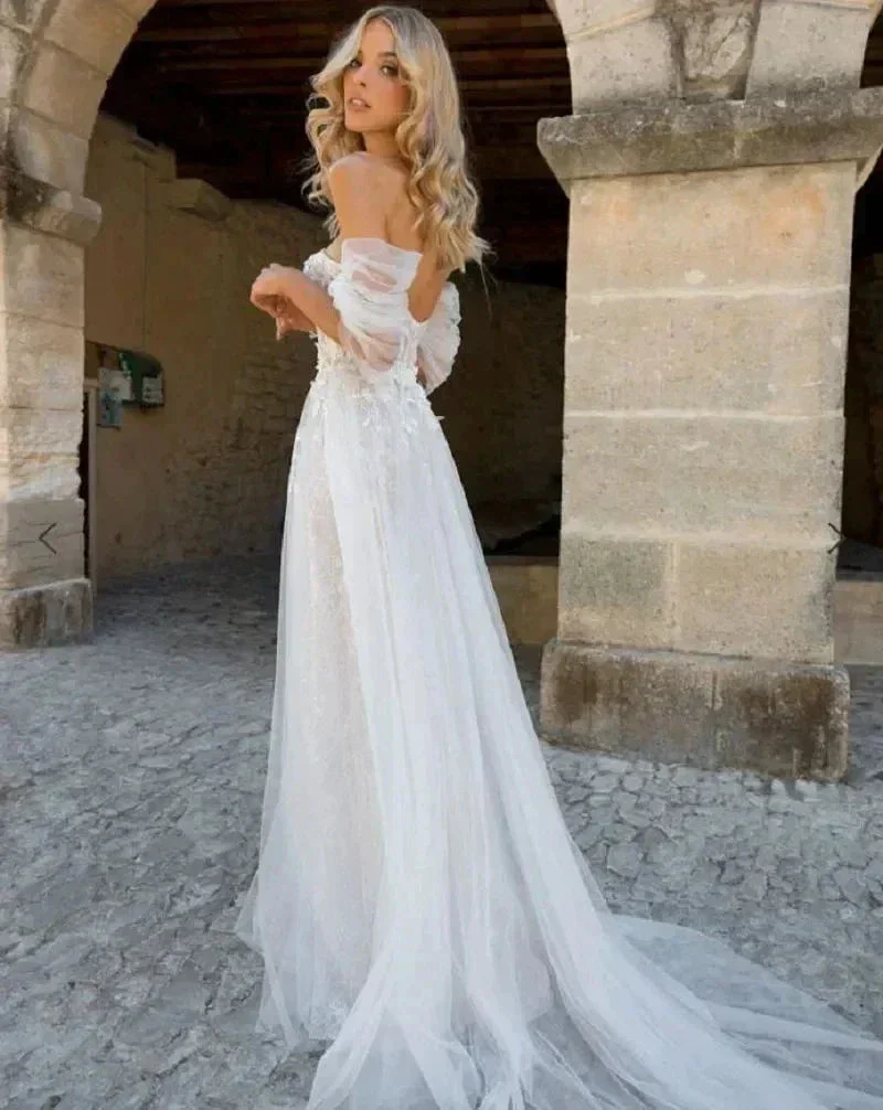 Lace Boho High Fork Wedding Dresses A Line Off The Shoulder Beach Sweetheart Bride Dresses Custom Made To Measures Floor Length - Image 2