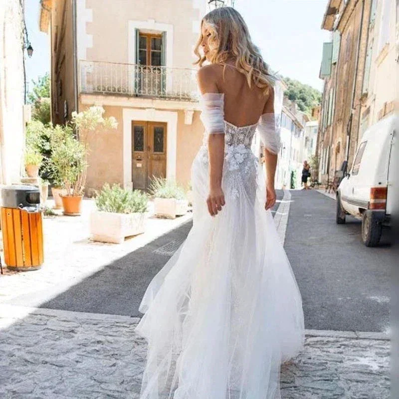 Lace Boho High Fork Wedding Dresses A Line Off The Shoulder Beach Sweetheart Bride Dresses Custom Made To Measures Floor Length - Image 4