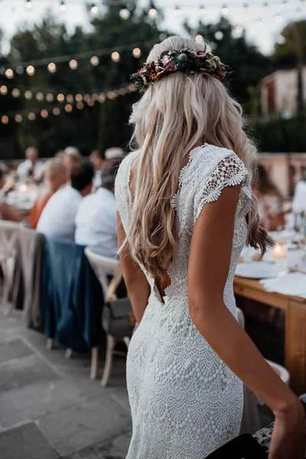 Lace Boho Mermaid Backless Cap Sleeve Bohemian Wedding Dresses MW265 - Image 2