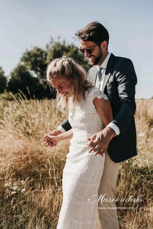 Lace Boho Mermaid Backless Cap Sleeve Bohemian Wedding Dresses MW265 - Image 3