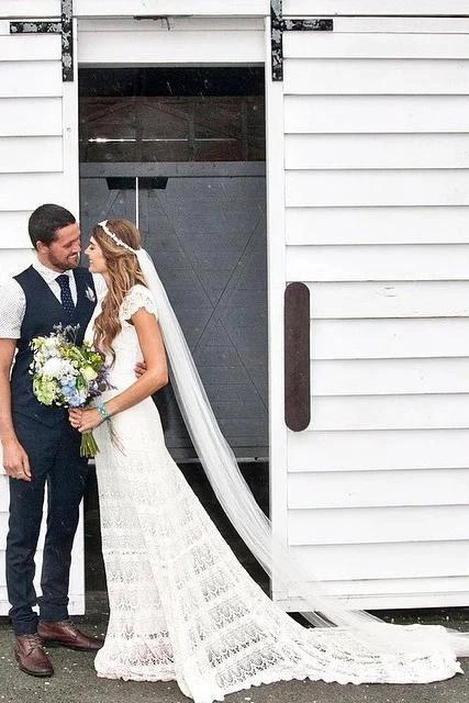 Lace Boho Mermaid Backless Cap Sleeve Bohemian Wedding Dresses MW265 - Image 5