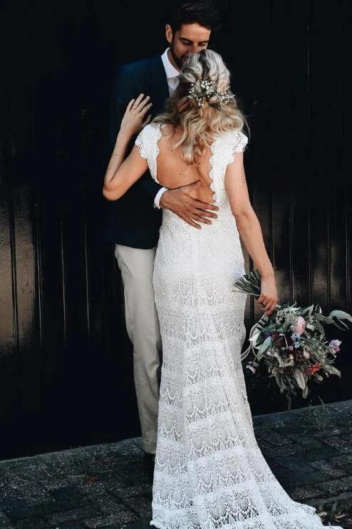 Lace Boho Mermaid Backless Cap Sleeve Bohemian Wedding Dresses MW265 - Image 6