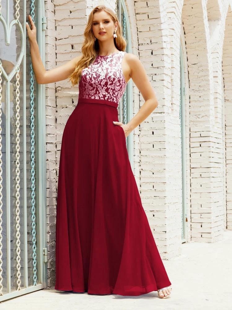 Lace Bridesmaid Dress Floor Length Evening Gowns with Pockets 28017 - Image 161