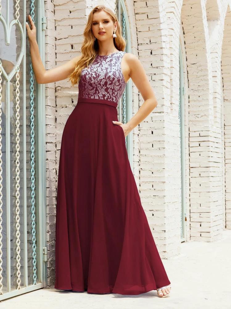 Lace Bridesmaid Dress Floor Length Evening Gowns with Pockets 28017 - Image 45