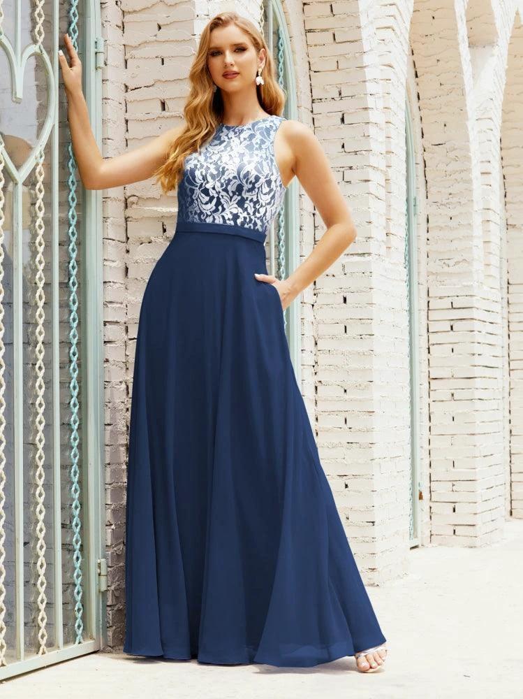 Lace Bridesmaid Dress Floor Length Evening Gowns with Pockets 28017 - Image 49