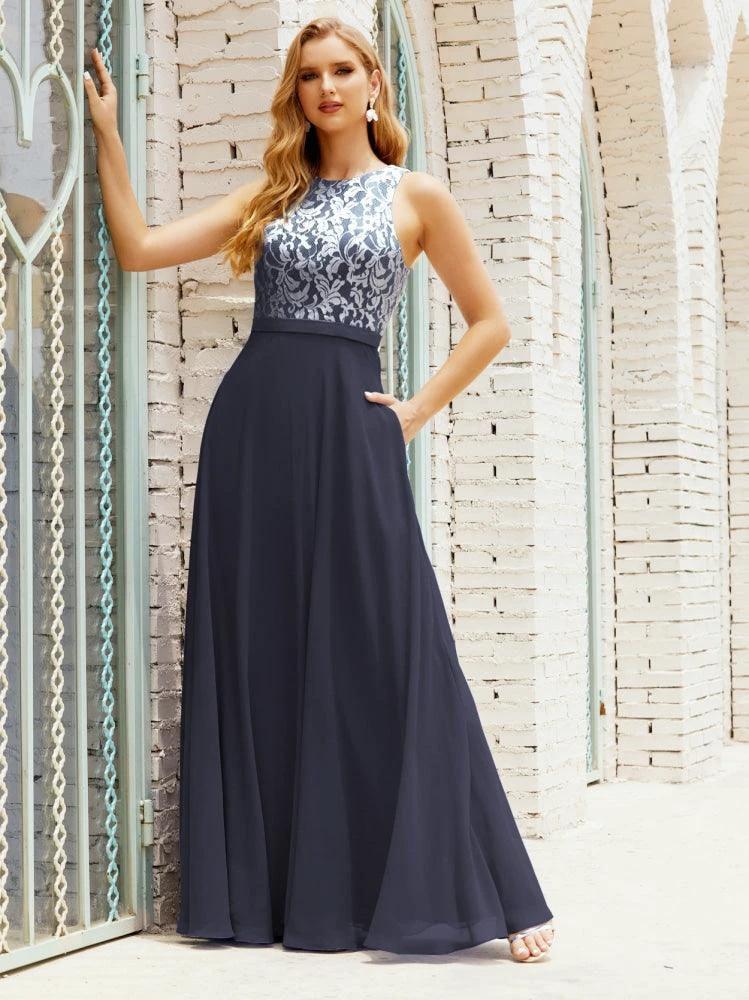 Lace Bridesmaid Dress Floor Length Evening Gowns with Pockets 28017 - Image 69