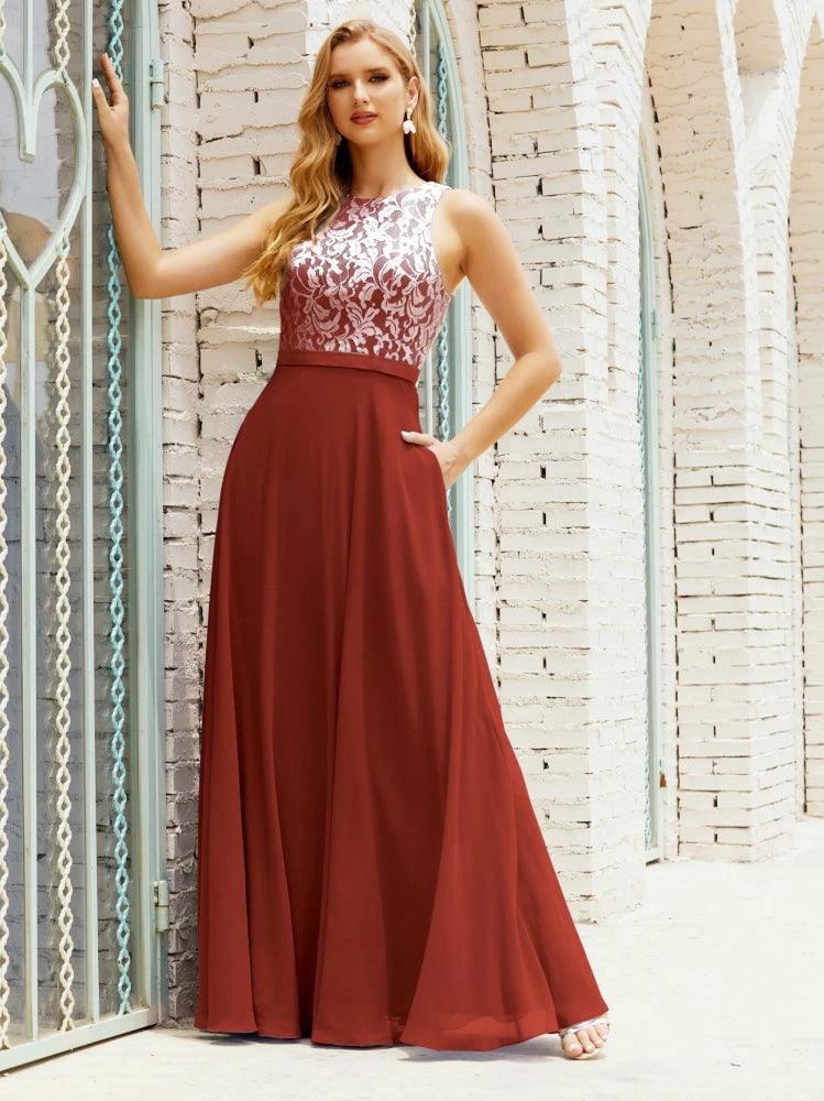 Lace Bridesmaid Dress Floor Length Evening Gowns with Pockets 28017 - Image 73
