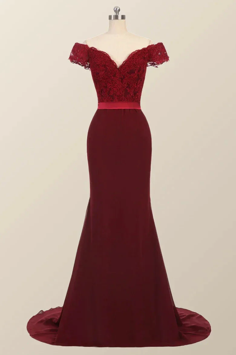 Lace Burgundy Bridesmaid Dress Off-the-Shoulder Mermaid Prom Dresses - Image 2