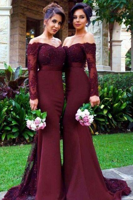 Lace Burgundy Bridesmaid Dress Off-the-Shoulder Mermaid Prom Dresses - Image 3