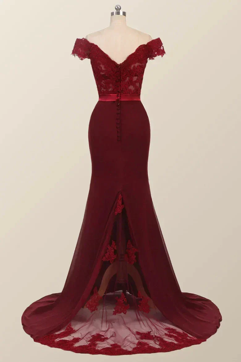 Lace Burgundy Bridesmaid Dress Off-the-Shoulder Mermaid Prom Dresses - Image 4