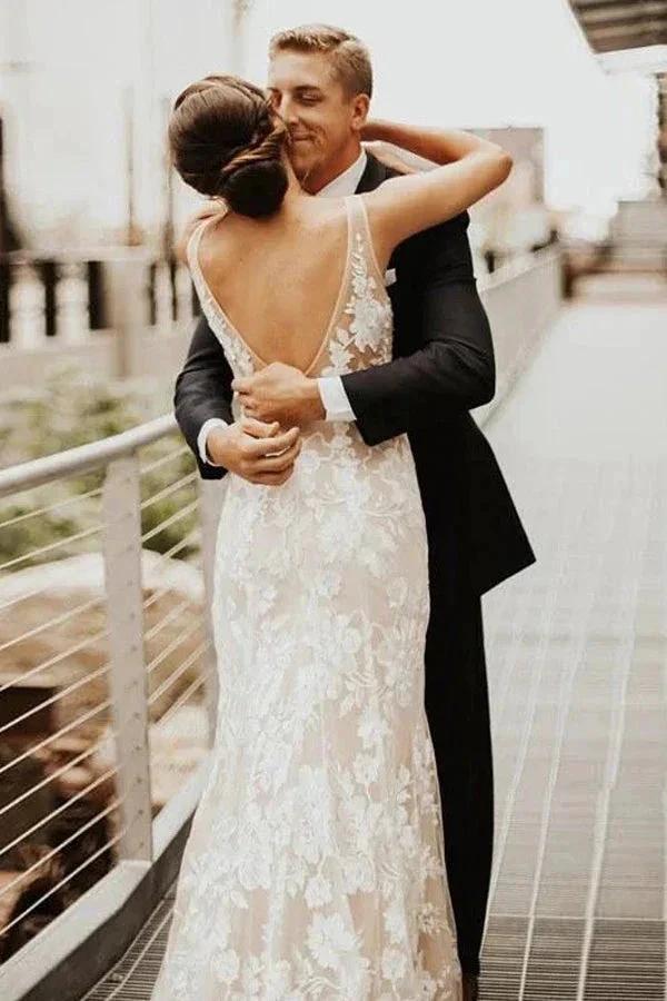 Lace Deep V-neck Bohemian Wedding Dress Mermaid Bridal Gown WD748 - Image 3