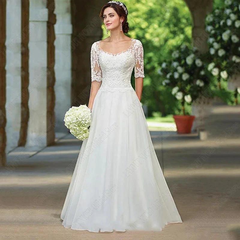 Lace Half Sleeves Wedding Dress For Bridal Illusion Appliques Buttons Back robe de mariée grande taille Custom Made