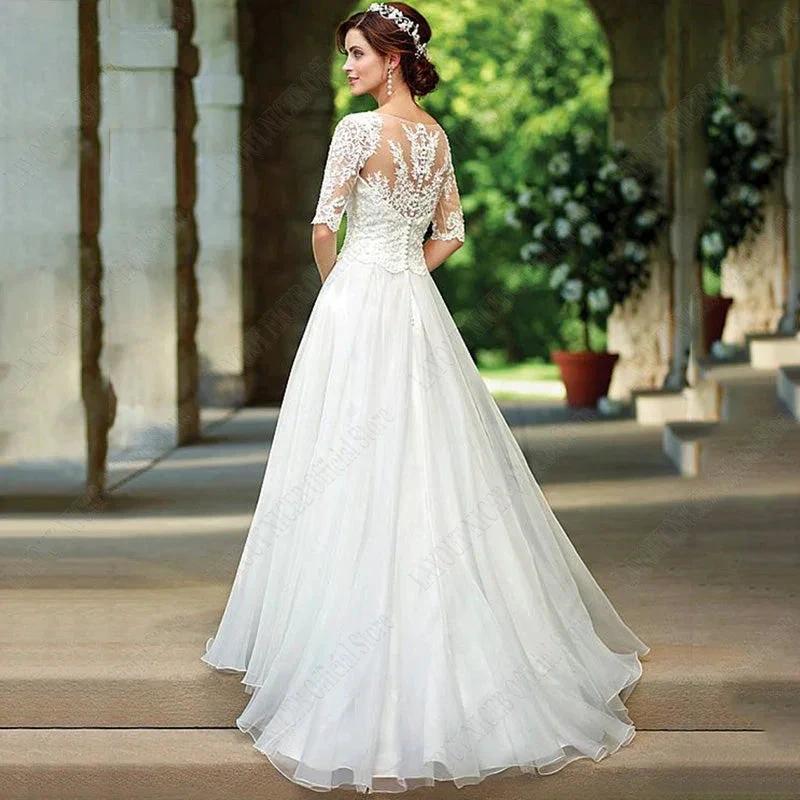 Lace Half Sleeves Wedding Dress For Bridal Illusion Appliques Buttons Back robe de mariée grande taille Custom Made - Image 2