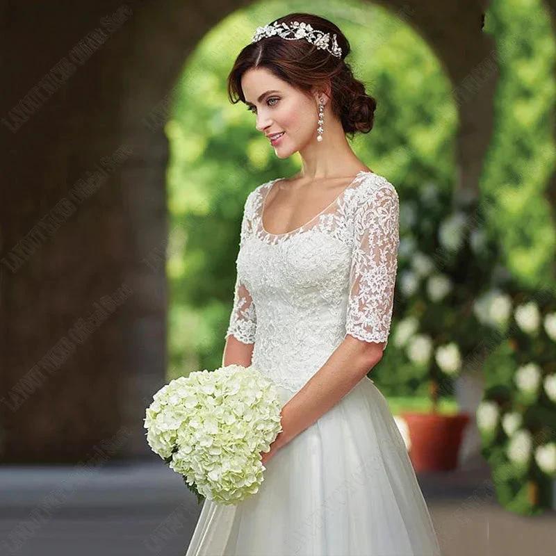 Lace Half Sleeves Wedding Dress For Bridal Illusion Appliques Buttons Back robe de mariée grande taille Custom Made - Image 3