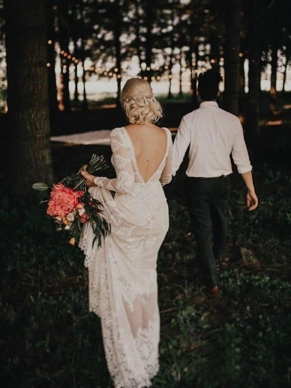 Lace Long Sleeve Backless Boho Wedding Gowns Rustic Wedding Dress WD515 - Image 3