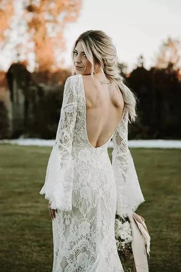 Lace Mermaid V-neck Long Sleeves Backless Bohemian Wedding Dresses  WD652 - Image 3