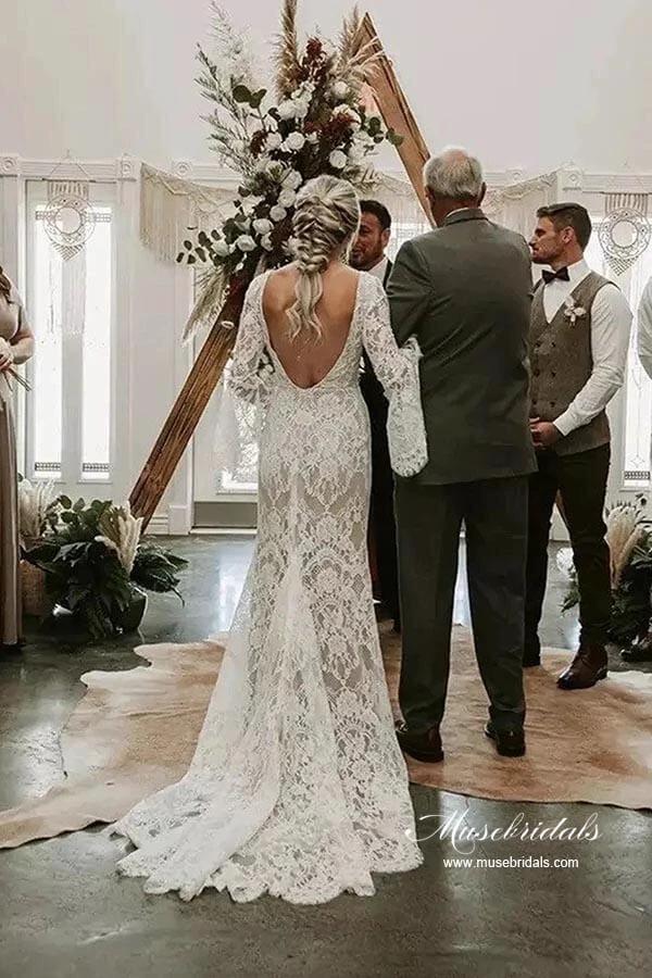 Lace Mermaid V-neck Long Sleeves Backless Vintage Wedding Dresses MW892 - Image 2