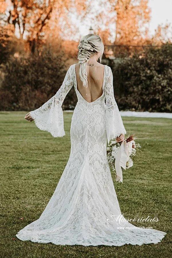 Lace Mermaid V-neck Long Sleeves Backless Vintage Wedding Dresses MW892 - Image 3