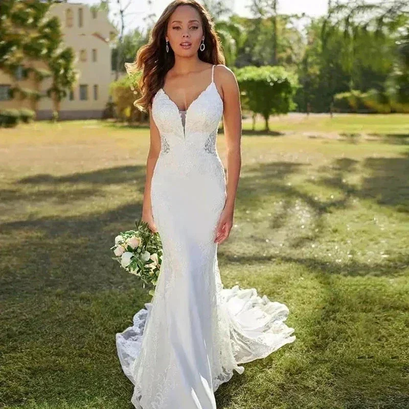 Lace Mermaid Wedding Dresses Sling Sexy V-Neck Women's Open Back Decal Sleeveless Button Long Bridal Gowns Church Sweeping Train - Image 3