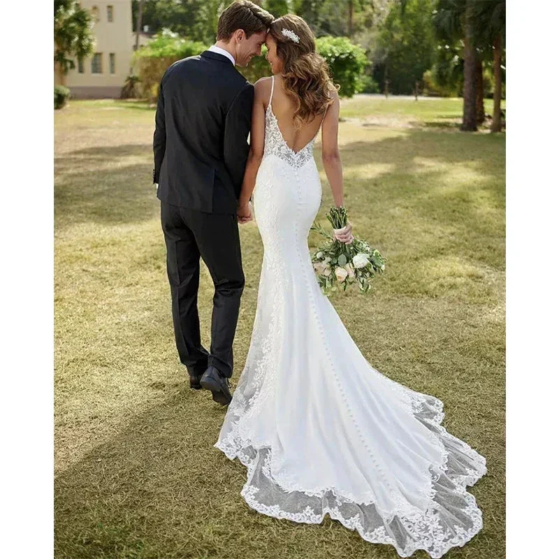 Lace Mermaid Wedding Dresses Sling Sexy V-Neck Women's Open Back Decal Sleeveless Button Long Bridal Gowns Church Sweeping Train - Image 4