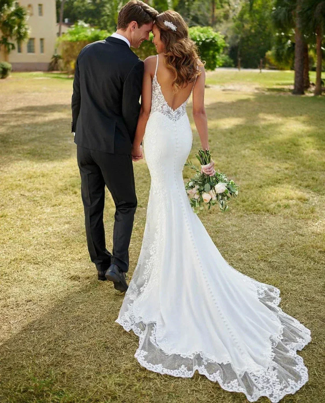 Lace Mermaid Wedding Dresses Spaghetti Straps Sexy V-Neck Backless Appliques Sleeveless Button Long Bride Gown Train Real Photos - Image 2
