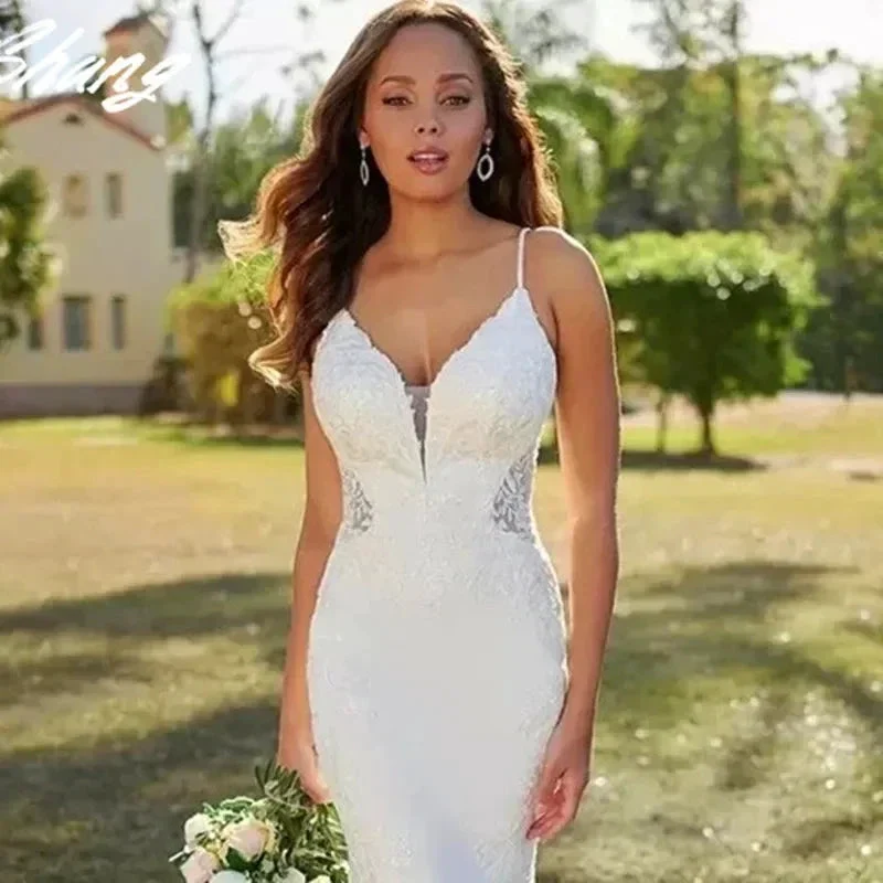 Lace Mermaid Wedding Dresses Spaghetti Straps Sexy V-Neck Backless Appliques Sleeveless Button Long Bride Gown Train Real Photos - Image 3